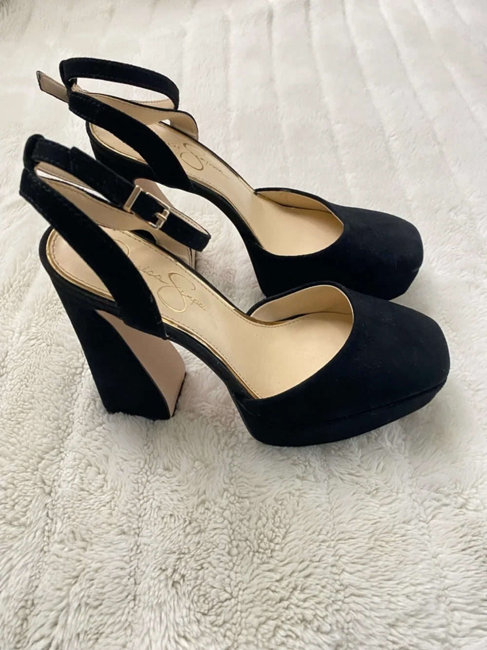 Jessica Simpson Black Suede Platform Block Heels with Ankle Strap Size 8.5